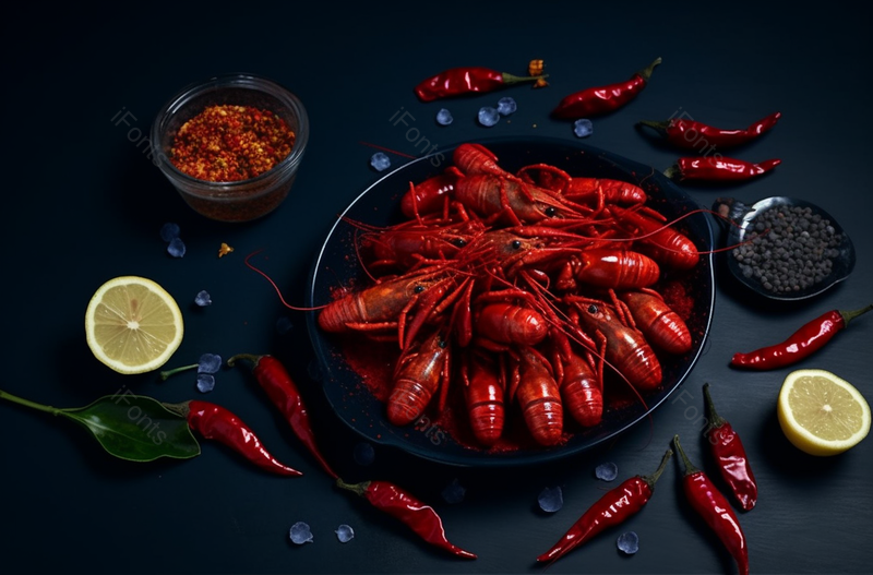 一盘小龙虾和调味料特写摄影图,高清,摄影图,摄影图片,图片大全,摄影图免费下载